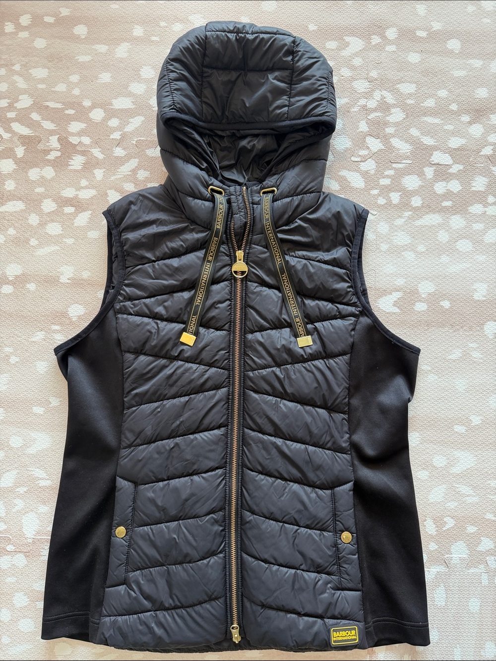 Barbour Black Quilted Hooded Sleeveless Vest with Gold Accents